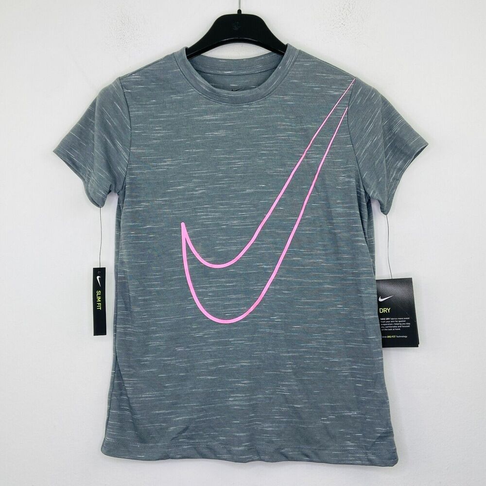 Nike Girl's Large T-Shirt Gray Dri-Fit Slim Logo Graphic Sport Training NWT BP10